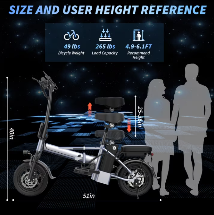 Foldable Electric Bike for Adults and Teens,14 Inch Tire 500W Rear Wheel Drive Motor with 48V 15.6Ah Removable Lithium Battery Two Seats UL2849