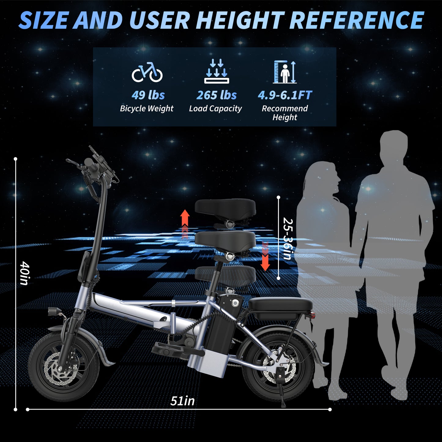 Foldable Electric Bike for Adults and Teens,14 Inch Tire 500W Rear Wheel Drive Motor with 48V 10.4Ah Removable Lithium Battery Two Seats UL2849