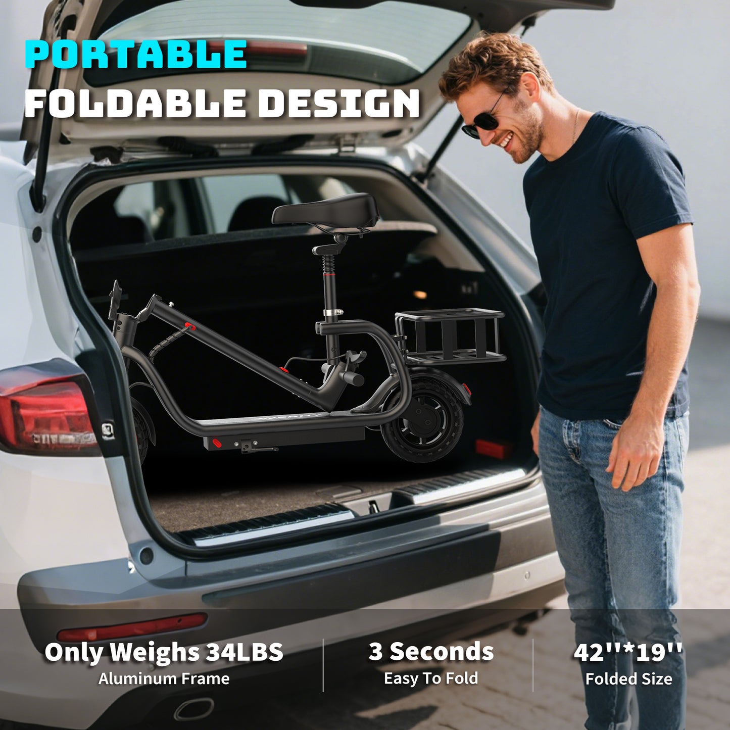 Electric Scooter for Adults with Seat and Carry Basket，350W Motor Up to 19MPH,36V 5.2Ah Long-Range Battery, Up to 28 Miles 5X Shock Absorption, Foldable Commuter E Scooter