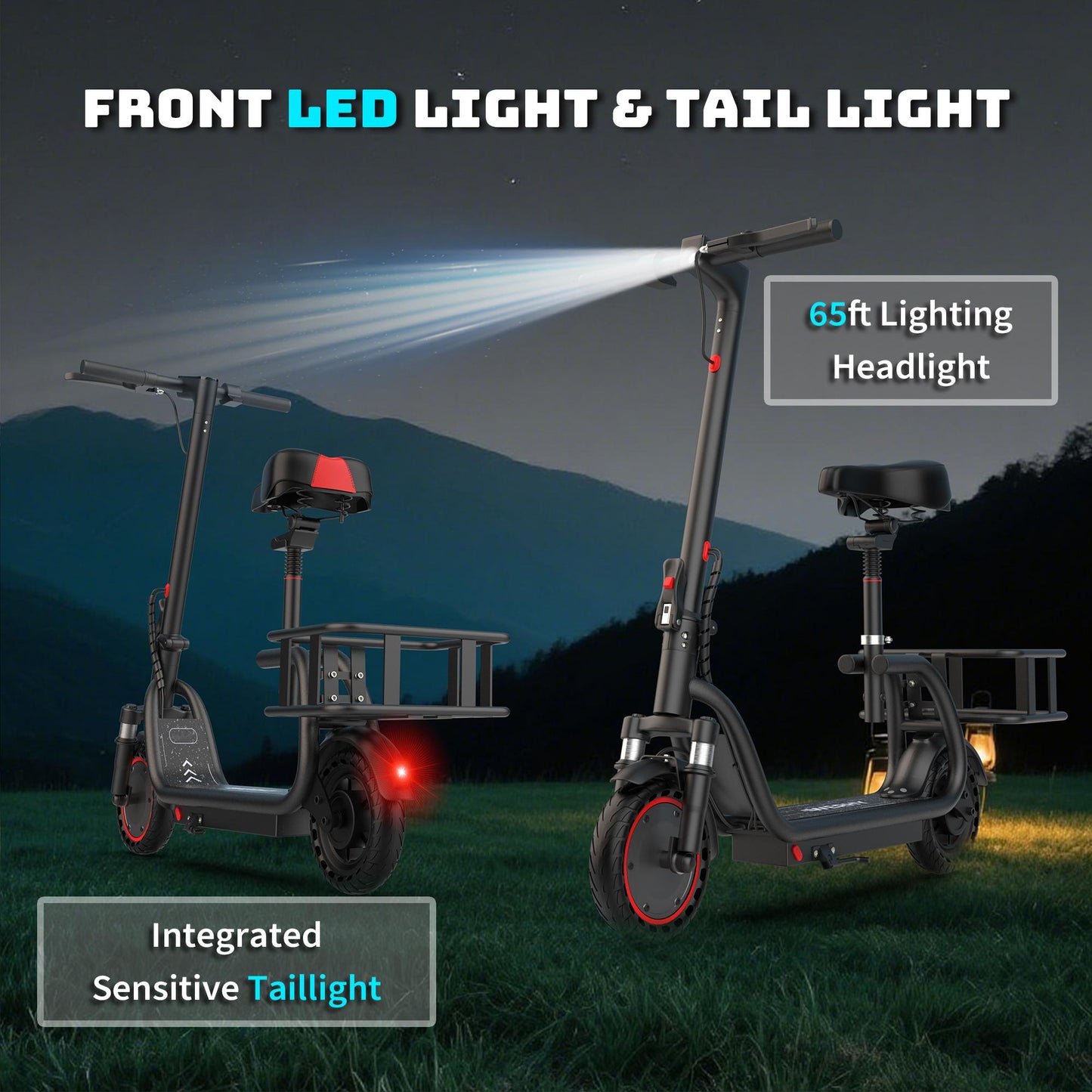 Electric Scooter for Adults with Seat and Carry Basket，350W Motor Up to 19MPH,36V 5.2Ah Long-Range Battery, Up to 28 Miles 5X Shock Absorption, Foldable Commuter E Scooter