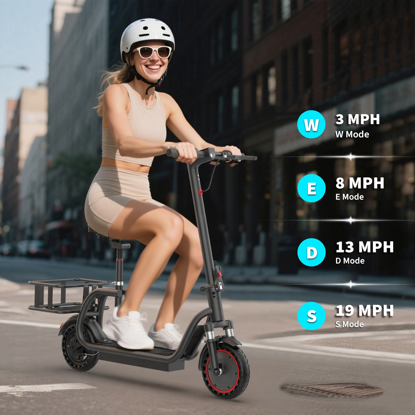 Electric Scooter for Adults with Seat and Carry Basket，350W Motor Up to 19MPH,36V 5.2Ah Long-Range Battery, Up to 28 Miles 5X Shock Absorption, Foldable Commuter E Scooter