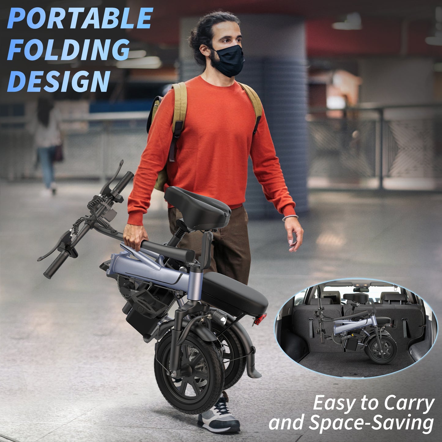 Foldable Electric Bike for Adults and Teens,14 Inch Tire 500W Rear Wheel Drive Motor with 48V 10.4Ah Removable Lithium Battery Two Seats UL2849