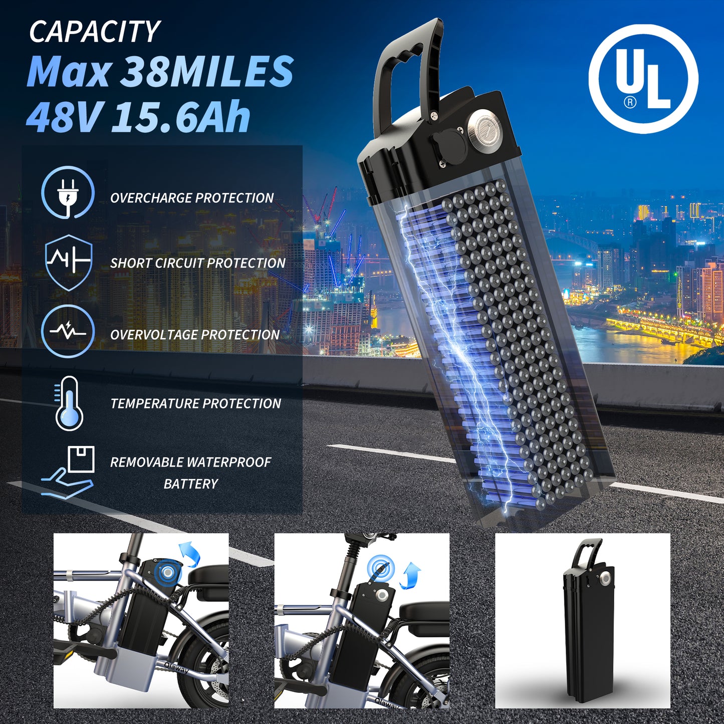 Foldable Electric Bike for Adults and Teens,14 Inch Tire 500W Rear Wheel Drive Motor with 48V 15.6Ah Removable Lithium Battery Two Seats UL2849