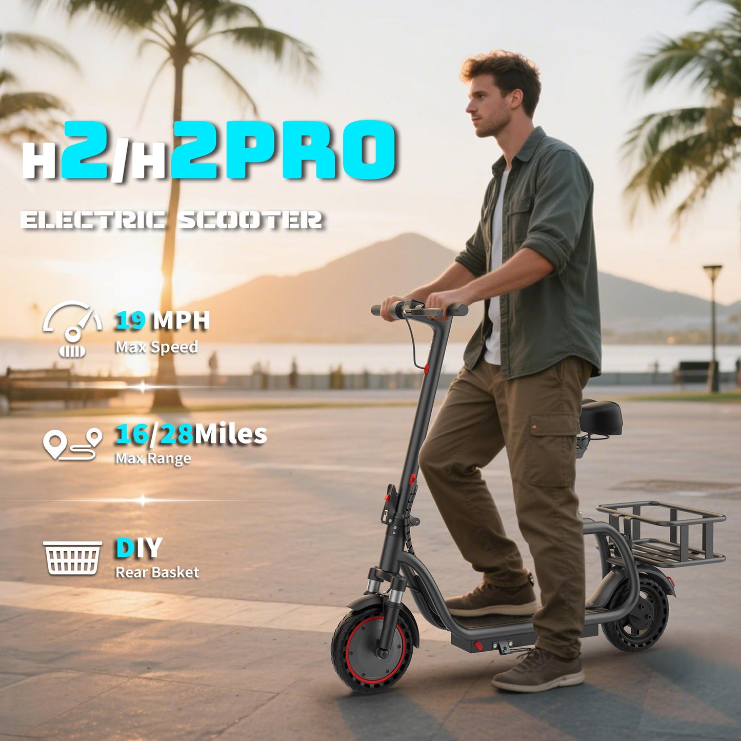 Electric Scooter for Adults with Seat and Carry Basket，350W Motor Up to 19MPH,36V 5.2Ah Long-Range Battery, Up to 28 Miles 5X Shock Absorption, Foldable Commuter E Scooter