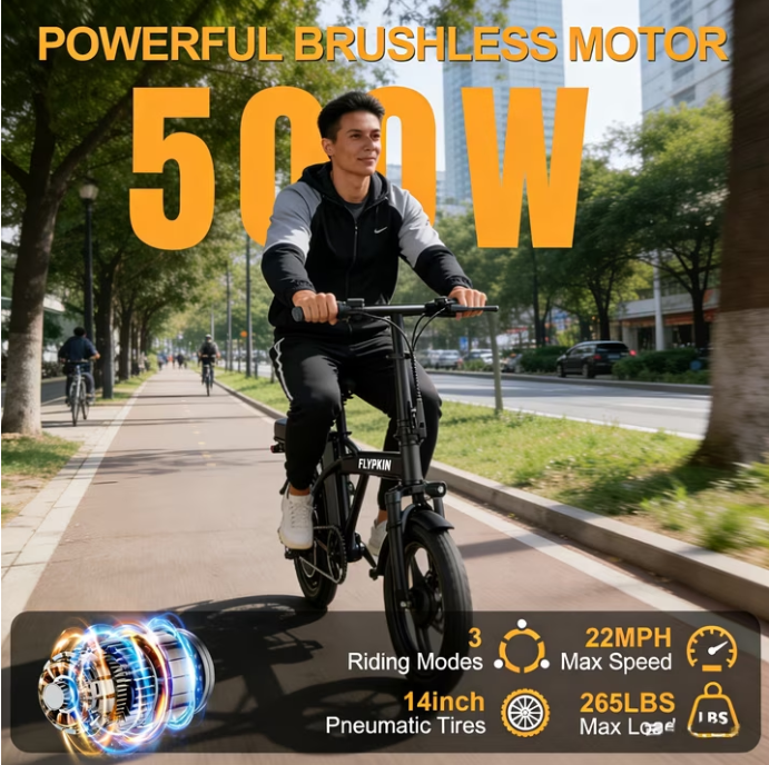 Electric Bike for Adults, 500W Motor, 20 MPH Max Speed Folding Ebike, 14" Electric Bicycles, Max 30 Miles Range (Pedal Assist Mode), Mini E Bikes