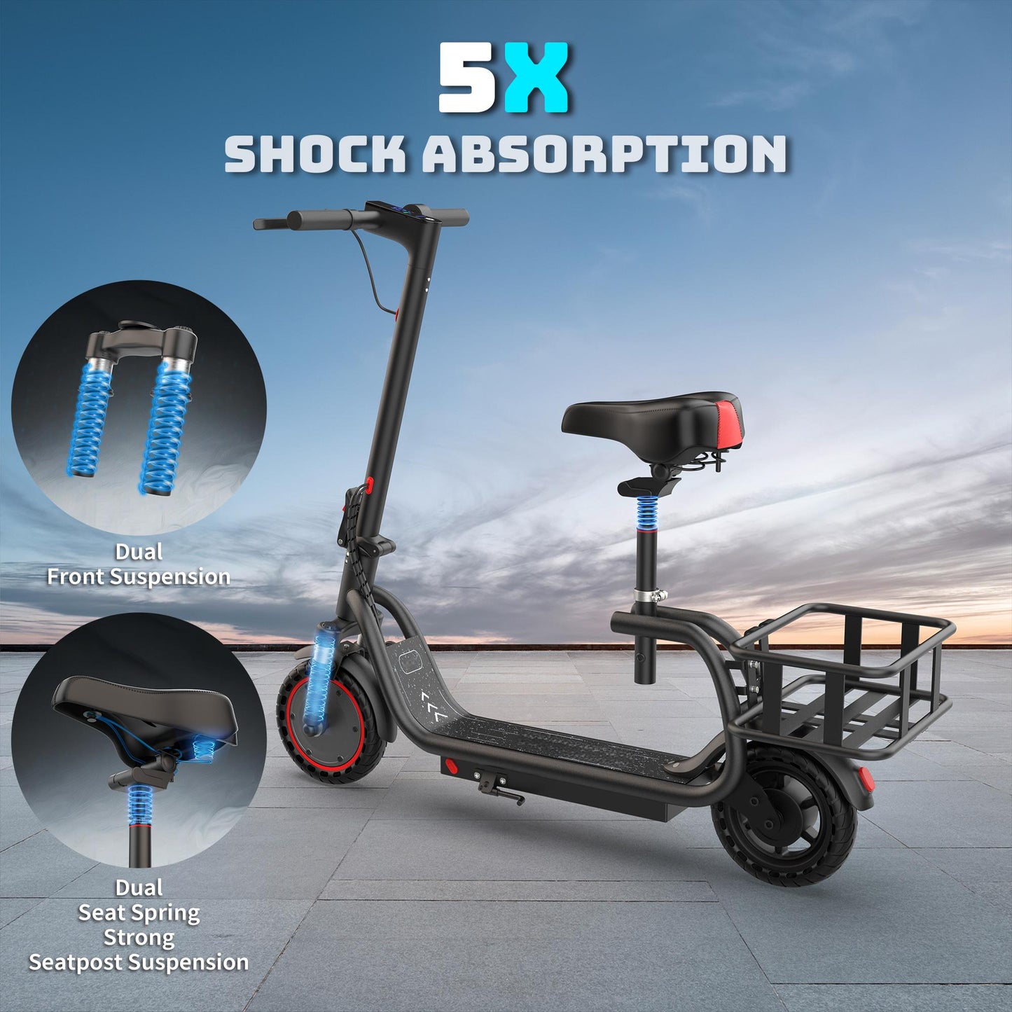 Electric Scooter for Adults with Seat and Carry Basket，350W Motor Up to 19MPH,36V 5.2Ah Long-Range Battery, Up to 28 Miles 5X Shock Absorption, Foldable Commuter E Scooter