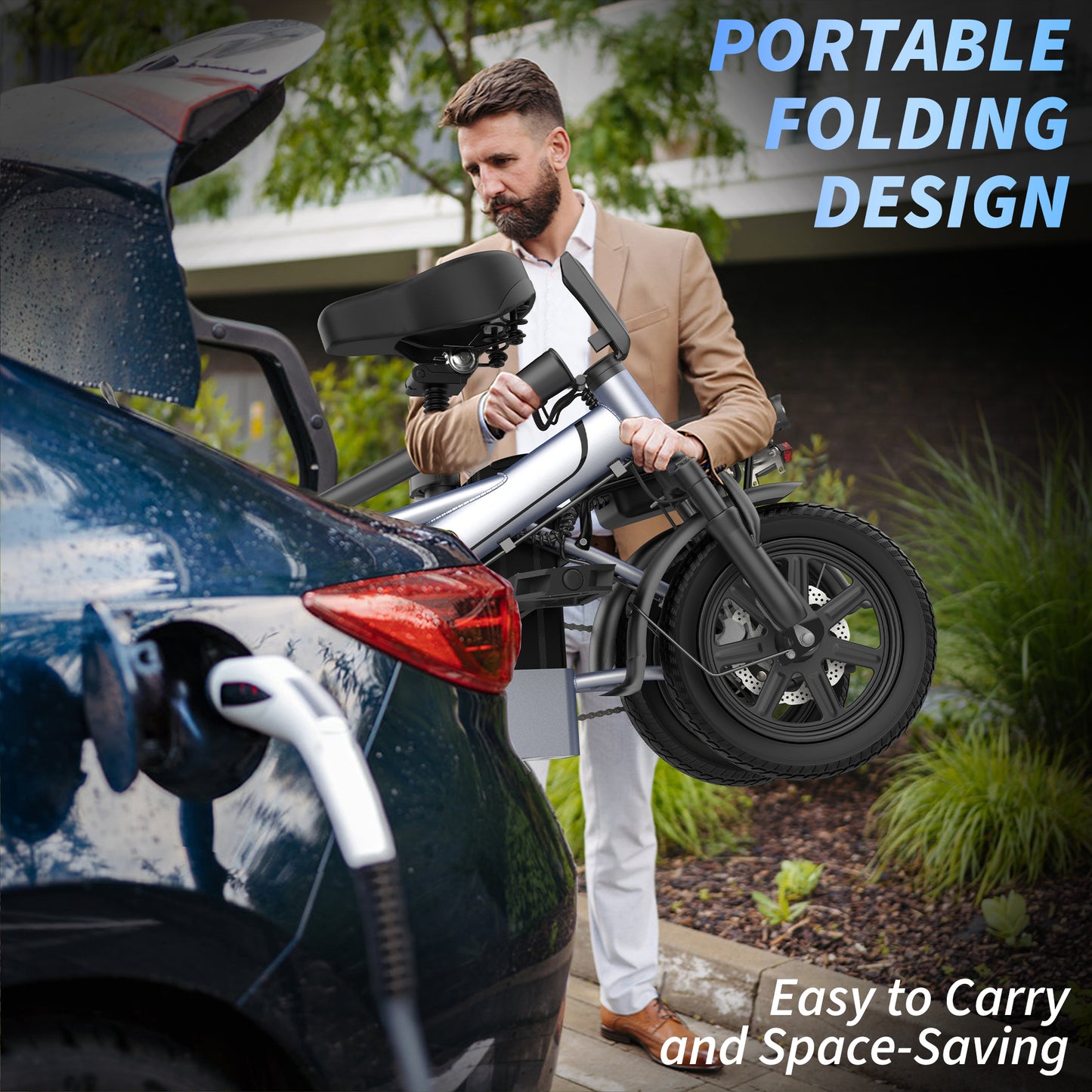 Foldable Electric Bike for Adults and Teens,14 Inch Tire 500W Rear Wheel Drive Motor with 48V 15.6Ah Removable Lithium Battery Two Seats UL2849