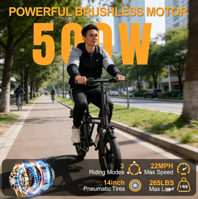 lectric Bike for Adults, 500W Motor, 20 MPH Max Speed Folding Ebike, 14" Electric Bicycles, Max 30 Miles Range (Pedal Assist Mode), Mini E Bikes