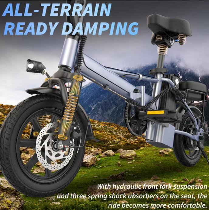 Foldable 14" Electric Bike for Adults &amp; Teens, 500W Motor, 48V 10.4Ah Removable Battery, Dual Seat Compact Commuter E-Bike UL2849 Certified