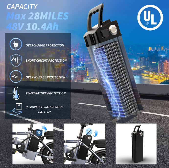 Foldable 14" Electric Bike for Adults &amp; Teens, 500W Motor, 48V 10.4Ah Removable Battery, Dual Seat Compact Commuter E-Bike UL2849 Certified