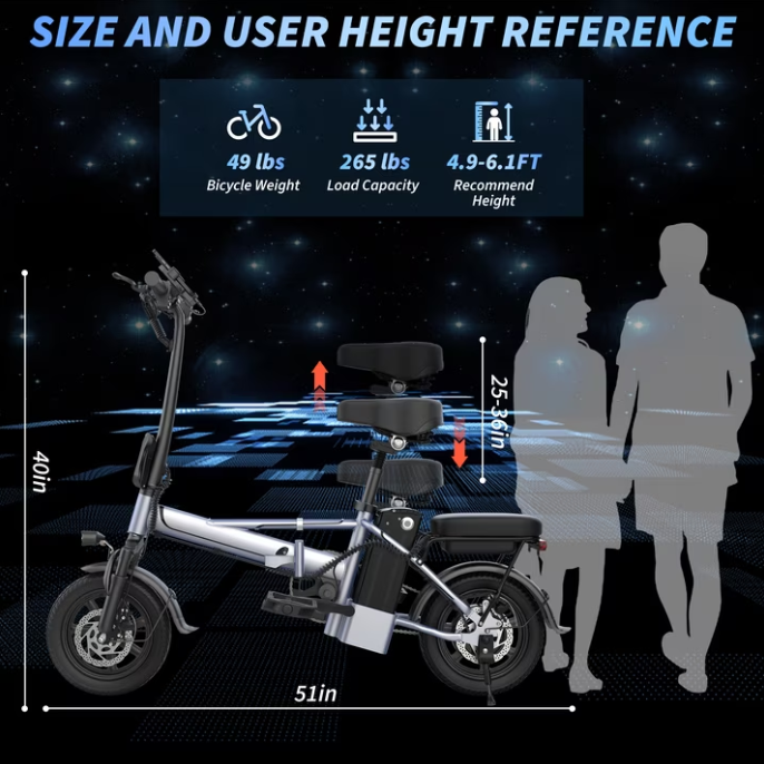 Foldable 14" Electric Bike for Adults &amp; Teens, 500W Motor, 48V 10.4Ah Removable Battery, Dual Seat Compact Commuter E-Bike UL2849 Certified