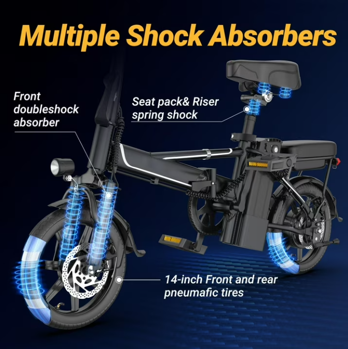 Foldable Electric Bike for Adults and Teens,14 Inch Tire 500W Rear Wheel Drive Motor with 48V 10.4Ah Removable Lithium Battery Two Seats UL2849