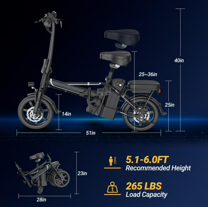 Foldable Electric Bike for Adults and Teens,14 Inch Tire 500W Rear Wheel Drive Motor with 48V 10.4Ah Removable Lithium Battery Two Seats UL2849