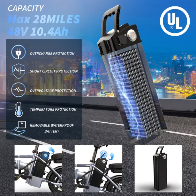 Foldable Electric Bike for Adults and Teens,14 Inch Tire 500W Rear Wheel Drive Motor with 48V 10.4Ah Removable Lithium Battery Two Seats UL2849