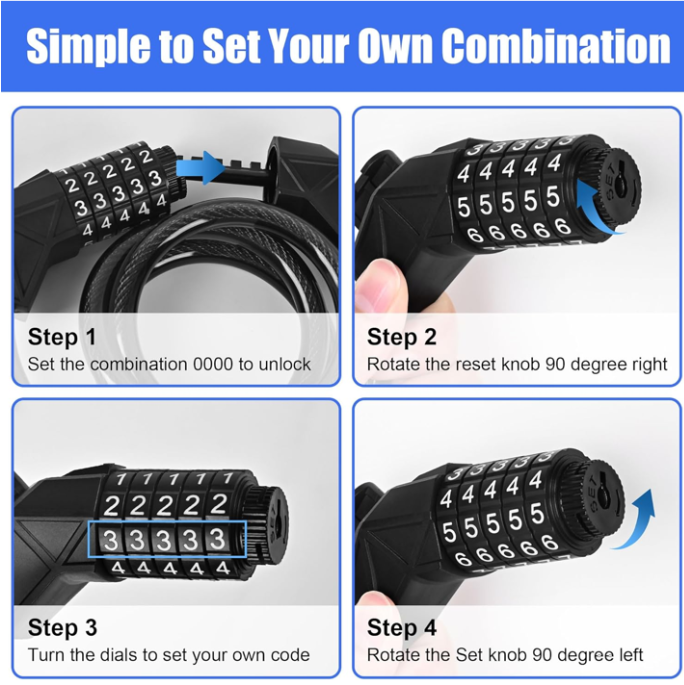 Resettable Electric Bike Cable Lock, 4-Foot Anti-Theft Security Lock for E-Bikes, Scooters & Motorcycles with Portable Mounting Bracket