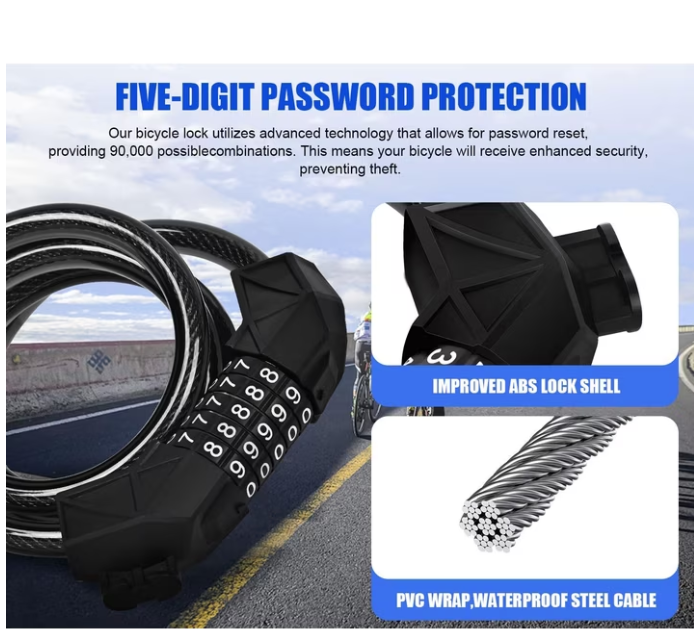 Resettable Electric Bike Cable Lock, 4-Foot Anti-Theft Security Lock for E-Bikes, Scooters & Motorcycles with Portable Mounting Bracket