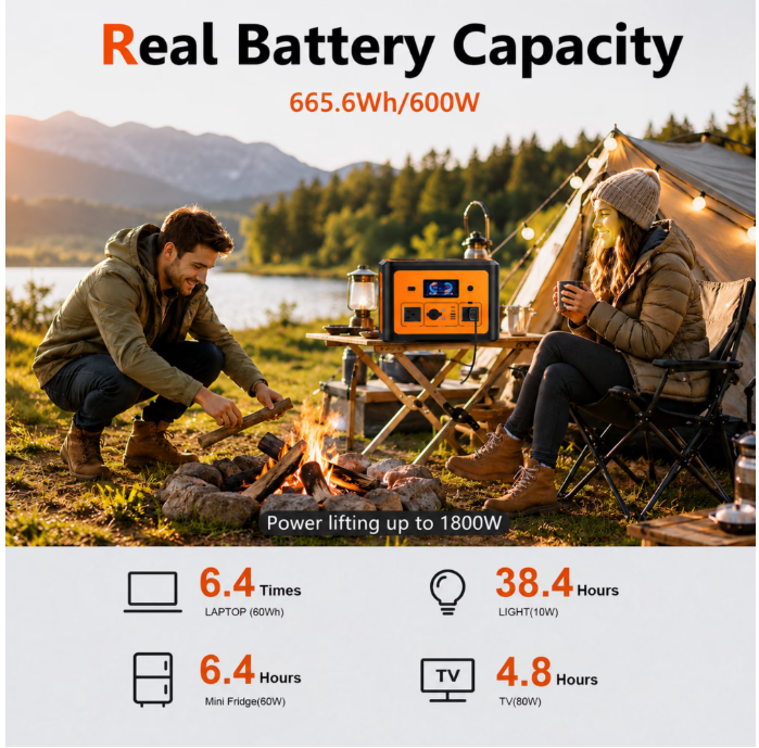 Tiexei PT01 Portable Power Station, 665.6Wh, 600W/1800W Pure Sine Wave, Bluetooth Speaker, UPS, Wireless Charger, Solar/AC/Car Charging for Home Emergency & Camping