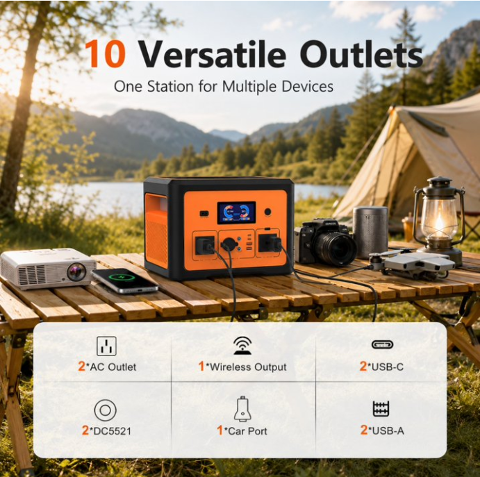 Tiexei PT01 Portable Power Station, 665.6Wh, 600W/1800W Pure Sine Wave, Bluetooth Speaker, UPS, Wireless Charger, Solar/AC/Car Charging for Home Emergency & Camping